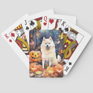 Halloween Amerikaanse Akita Met Pompoenen Griezele Pokerkaarten
