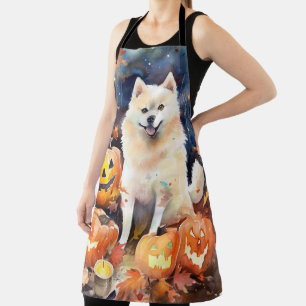 Halloween Amerikaanse Akita Met Pompoenen Griezele Schort