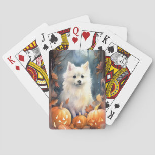 Halloween Amerikaanse Eskimohond Met Pompoenen Gri Pokerkaarten