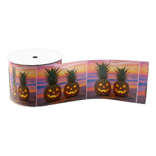 Halloween Ananas Jack-o-lanterns Op een Strand Grosgrain Lint