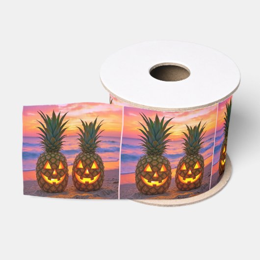 Halloween Ananas Jack-o-lanterns Op een Strand Grosgrain Lint (Spoel)