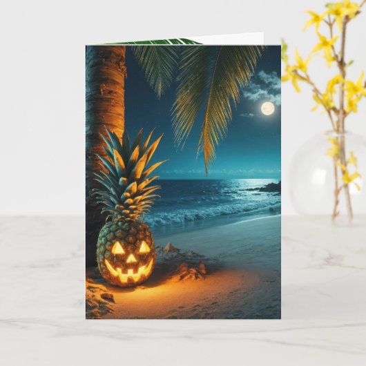 Halloween ananas op het strand kaart (Gele Bloem)
