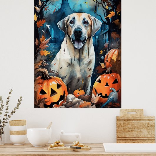 Halloween Anatolian Shepherd met pompoenen eng Poster (Keuken)
