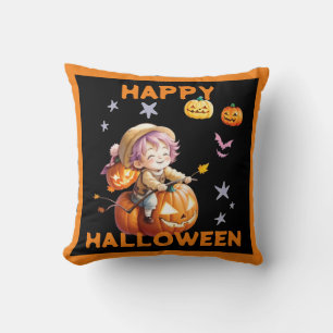 Halloween anime jongen op een pompoen kussen