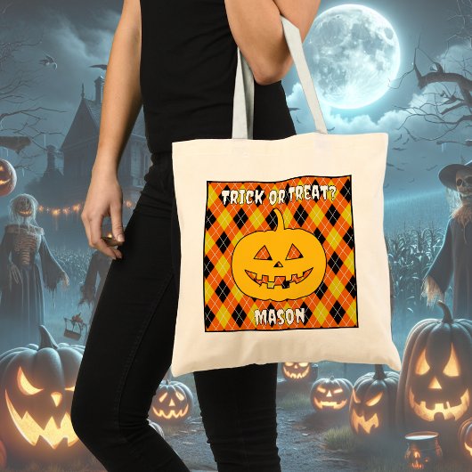Halloween Argyle Trick-or-Treat Bag met pompoen Tote Bag