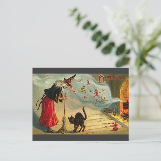  Halloween Art - Cat ontmoet de heks! Briefkaart (Staand voorkant)