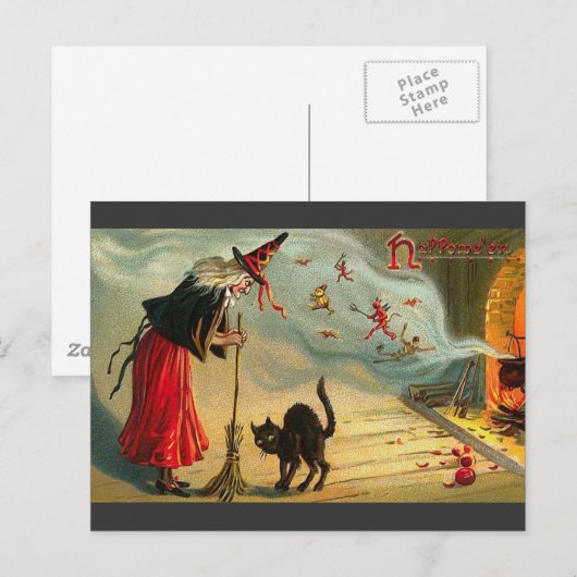  Halloween Art - Cat ontmoet de heks! Briefkaart (Voorkant / Achterkant)