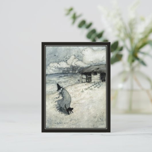 Halloween Arthur Rackham Witch + Black Cat Briefkaart (Staand voorkant)
