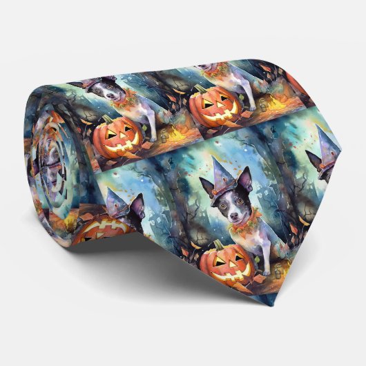 Halloween Australian Cattle with Pumpkins Scary Stropdas (Opgerold)