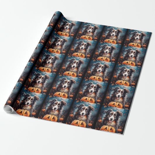 Halloween Australian Shepherd met pompoenen eng Cadeaupapier (Uitgerold)