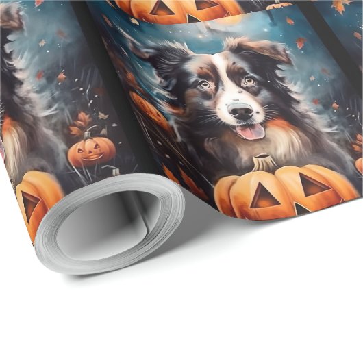 Halloween Australian Shepherd met pompoenen eng Cadeaupapier (Rol Hoek)