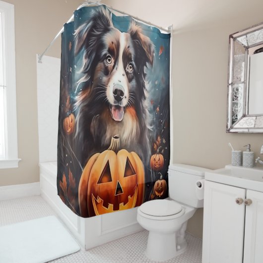 Halloween Australian Shepherd met pompoenen eng Douchegordijn (In situ)