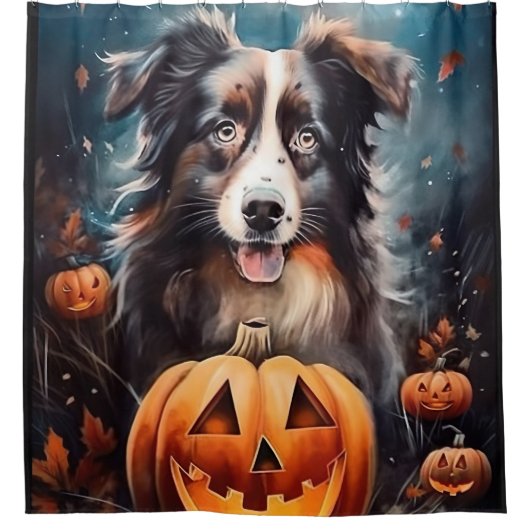 Halloween Australian Shepherd met pompoenen eng Douchegordijn (Voorkant)