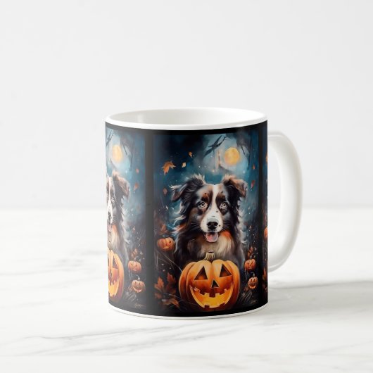 Halloween Australian Shepherd met pompoenen eng Koffiemok (Voorkant rechts)