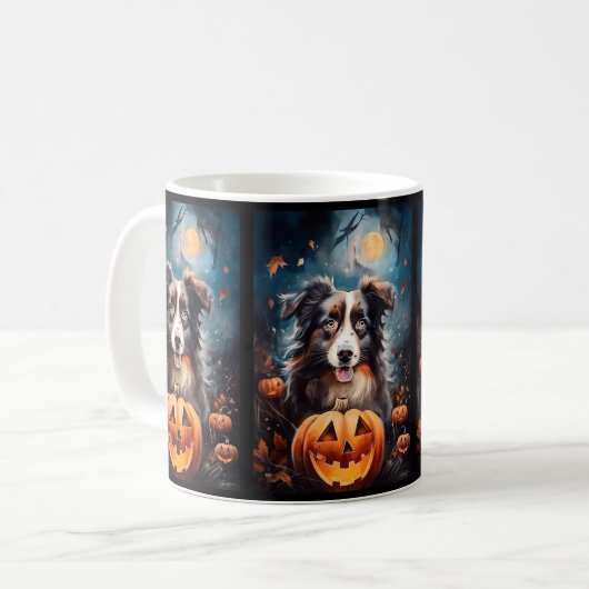 Halloween Australian Shepherd met pompoenen eng Koffiemok (Voorkant links)