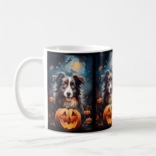 Halloween Australian Shepherd met pompoenen eng Koffiemok (Links)