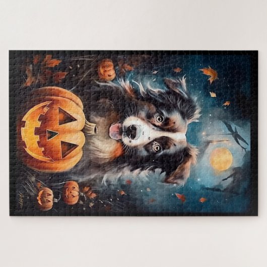 Halloween Australian Shepherd met pompoenen eng Legpuzzel