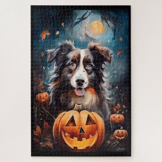 Halloween Australian Shepherd met pompoenen eng Legpuzzel (Verticaal)