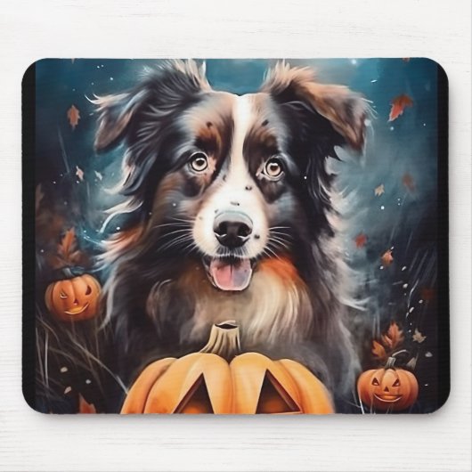 Halloween Australian Shepherd met pompoenen eng Muismat (Voorkant)