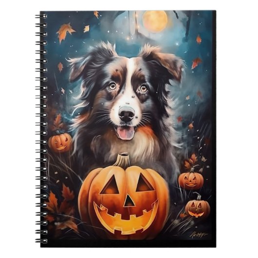 Halloween Australian Shepherd met pompoenen eng Notitieboek (Voorkant)