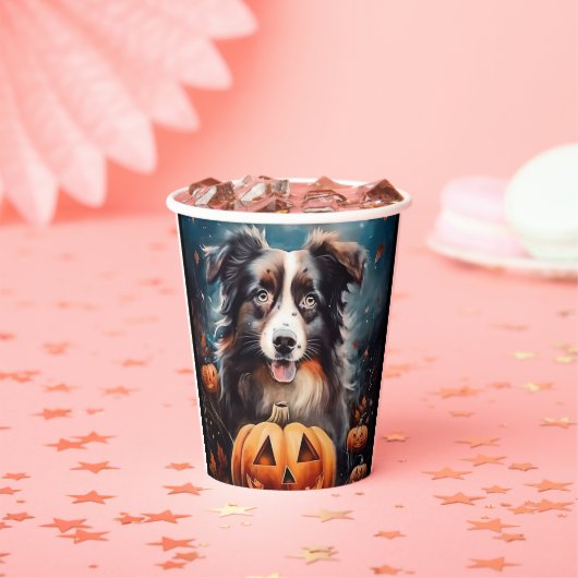 Halloween Australian Shepherd met pompoenen eng Papieren Bekers (Insitu)