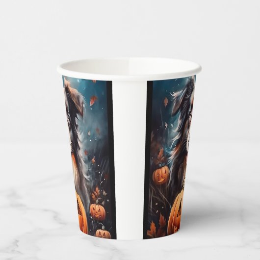 Halloween Australian Shepherd met pompoenen eng Papieren Bekers (Links)