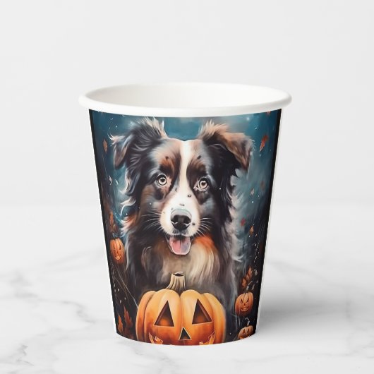 Halloween Australian Shepherd met pompoenen eng Papieren Bekers (Voorkant)