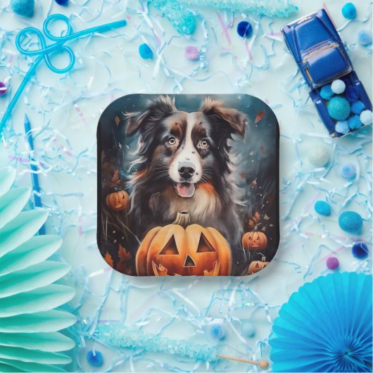 Halloween Australian Shepherd met pompoenen eng Papieren Bordje (Feest)