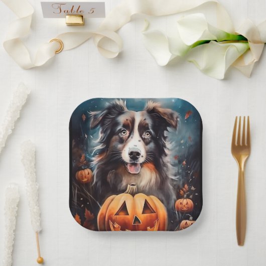 Halloween Australian Shepherd met pompoenen eng Papieren Bordje (Huwelijk)