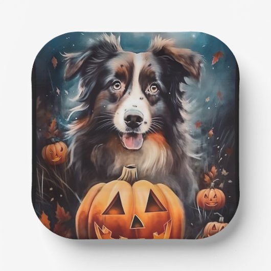 Halloween Australian Shepherd met pompoenen eng Papieren Bordje (Voorkant)
