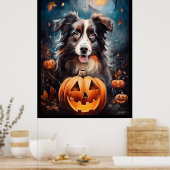 Halloween Australian Shepherd met pompoenen eng Poster (Keuken)