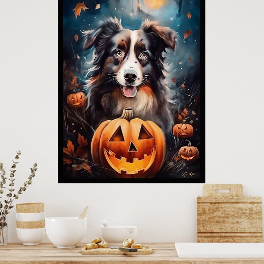 Halloween Australian Shepherd met pompoenen eng Poster (Keuken)