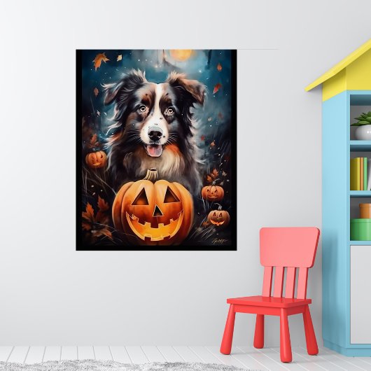 Halloween Australian Shepherd met pompoenen eng Poster (Kinderkamer 1)