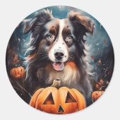 Halloween Australian Shepherd met pompoenen eng Ronde Sticker (Voorkant)