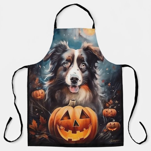 Halloween Australian Shepherd met pompoenen eng Schort (Voorkant)