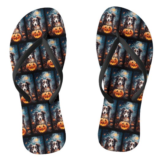 Halloween Australian Shepherd met pompoenen eng Teenslippers (Voetbed)