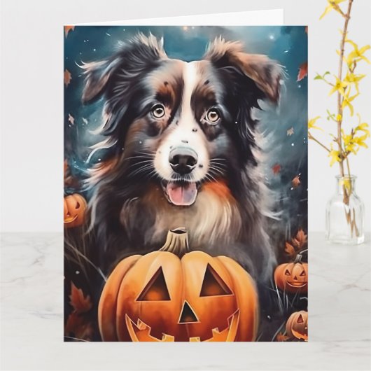 Halloween Australian Shepherd Met Pompoenen Grieze Kaart (Gele Bloem)