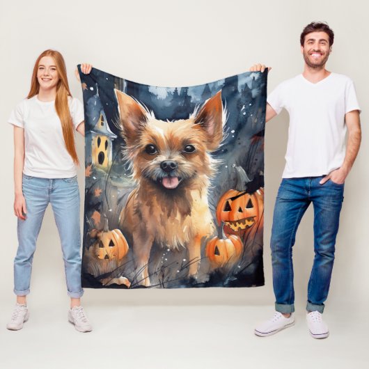 Halloween Australian Terrier met pomkins Scary Fleece Deken (In situ)