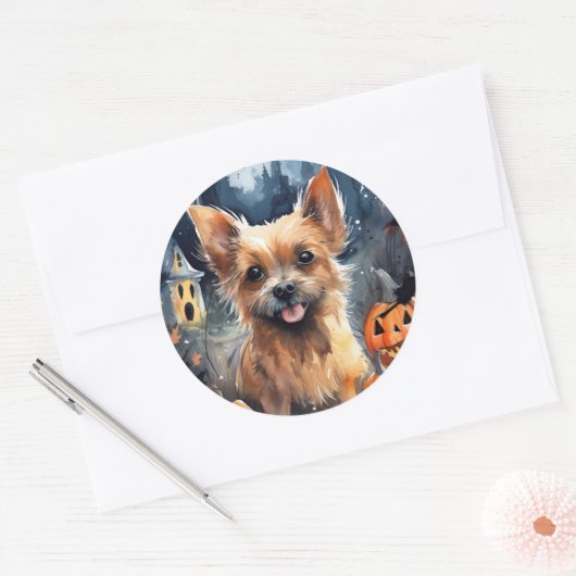 Halloween Australian Terrier met pomkins Scary Ronde Sticker (Envelop)