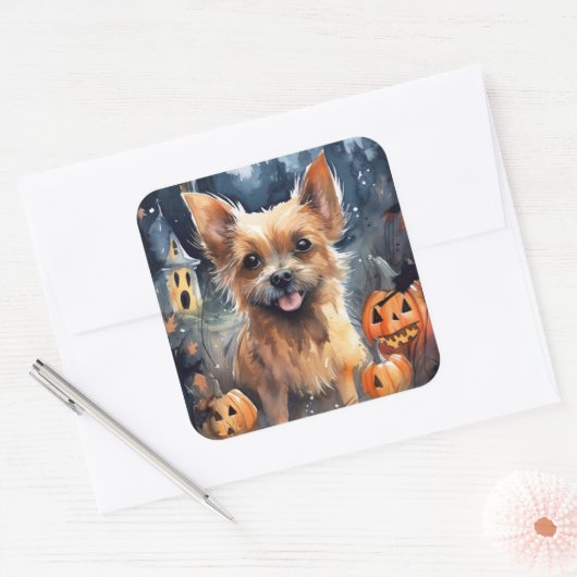 Halloween Australian Terrier met pomkins Scary Vierkante Sticker (Envelop)