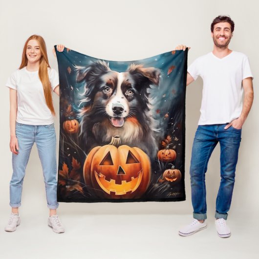 Halloween Australische Herder met Pompoenen Eng Fleece Deken (In situ)