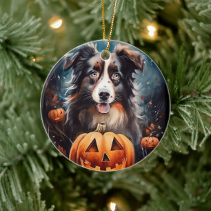 Halloween Australische Herder met Pompoenen Eng Keramisch Ornament