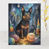 Halloween Australische Kelpie Met Pompoenen Eng Kaart (Gele Bloem)