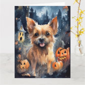 Halloween Australische Terriër Met Pompoenen Griez Kaart (Gele Bloem)