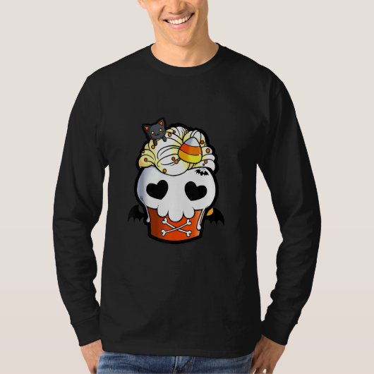Halloween B Lack Cat Skull Cupcake T-shirt (Voorkant)