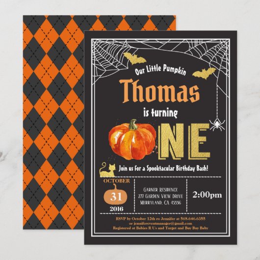 Halloween baby 1e verjaardag Zwarte Goud Kaart (Voorkant / Achterkant)