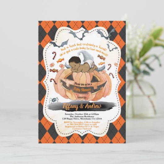 Halloween baby boy douche pompoen spooky kaart (Staand voorkant)