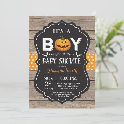 Halloween Baby Boy Shower Uitnodiging Rustisch Hou (Staand voorkant)