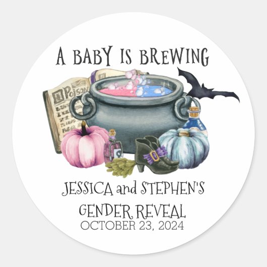Halloween Baby Brewing Witch Gender onthullen Ronde Sticker (Voorkant)