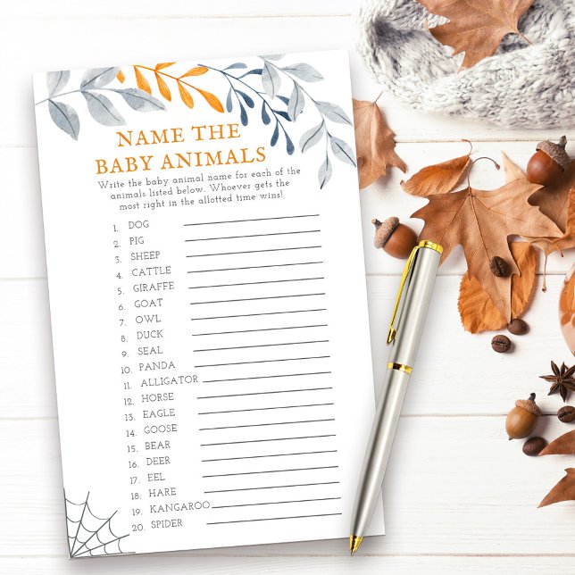 Halloween Baby Dieren Baby shower Spel (Baby Animals halloween themed baby shower game with fall leaves and cobweb)